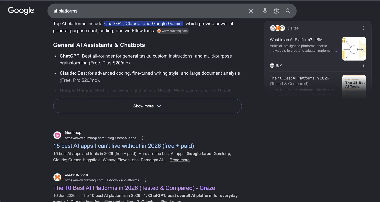 Google AI Overview + organic listing for "ai platforms".