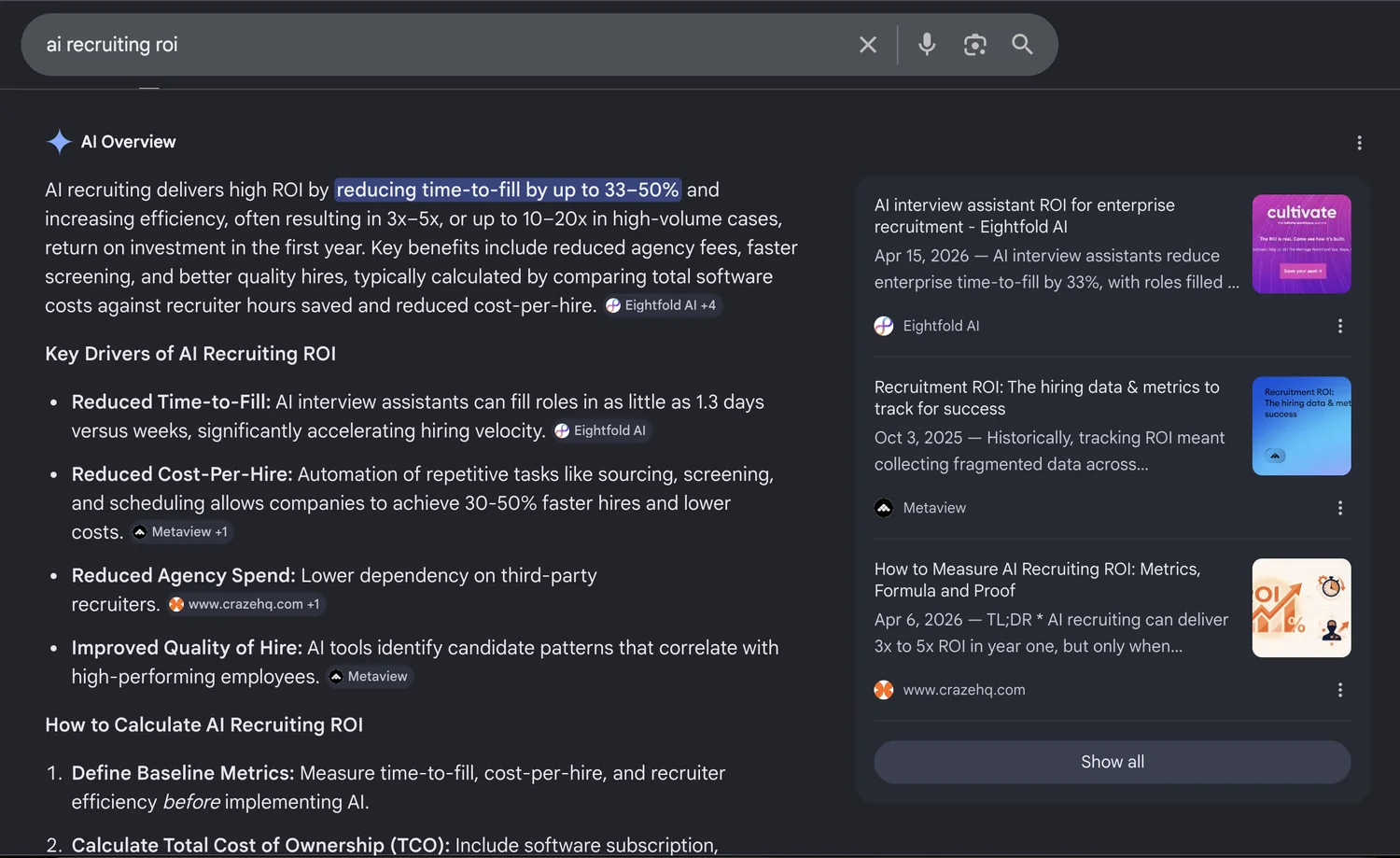 Google AI Overview: crazehq.com cited as a source on "ai recruiting roi".
