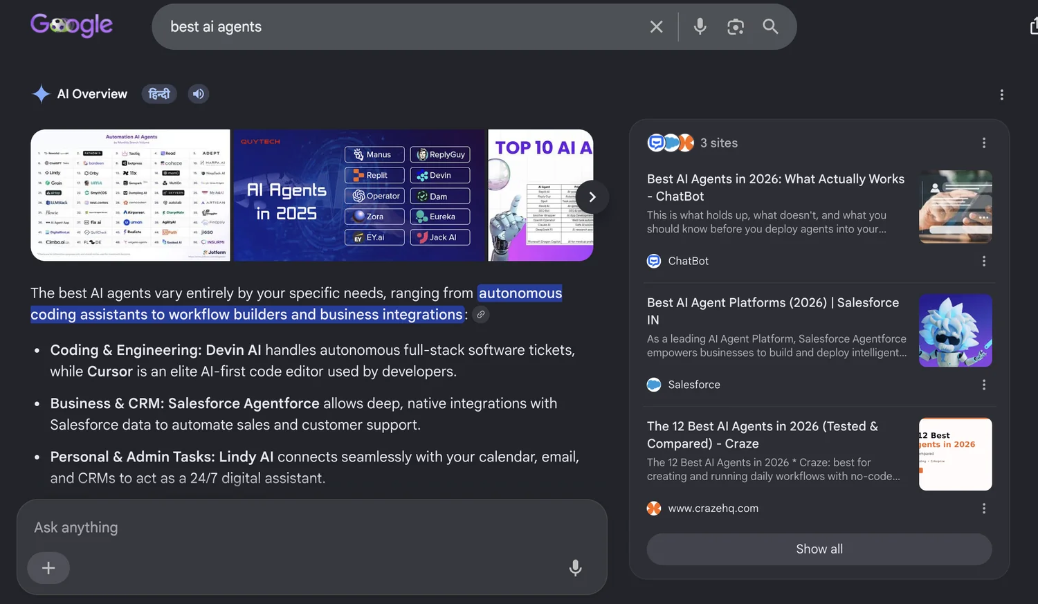 Google AI Overview "3 sites": Craze cited for "best ai agents".