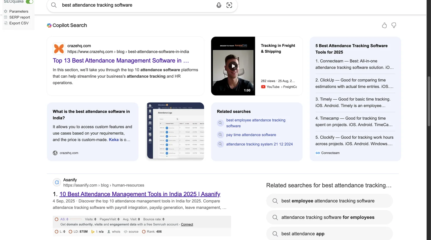Bing Copilot: crazehq.com surfaced as the lead source on "best attendance tracking software".
