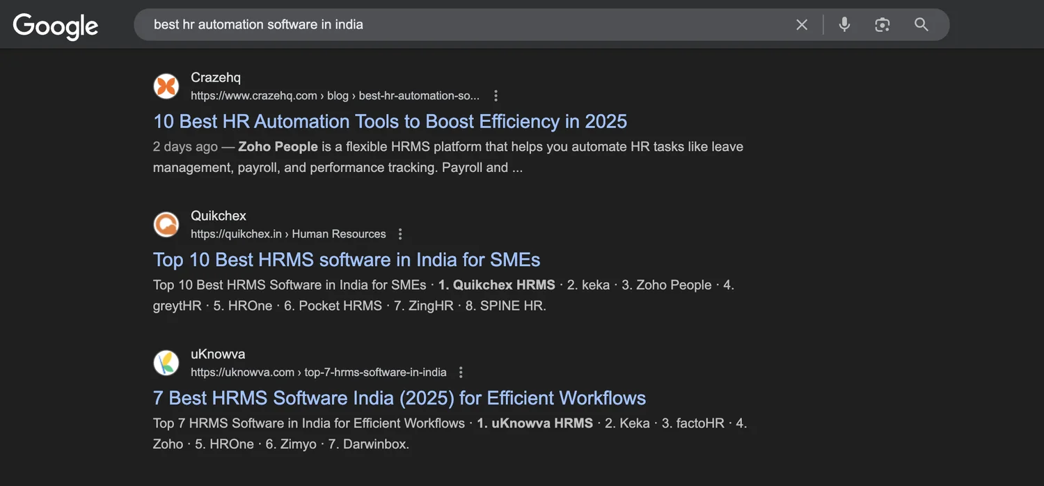 #1 organic: "best hr automation software in india".