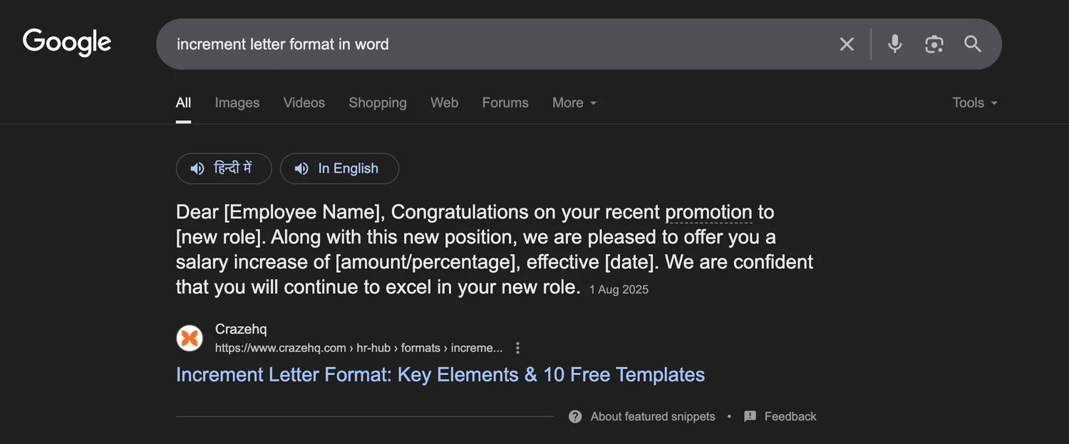Featured snippet: "increment letter format in word".