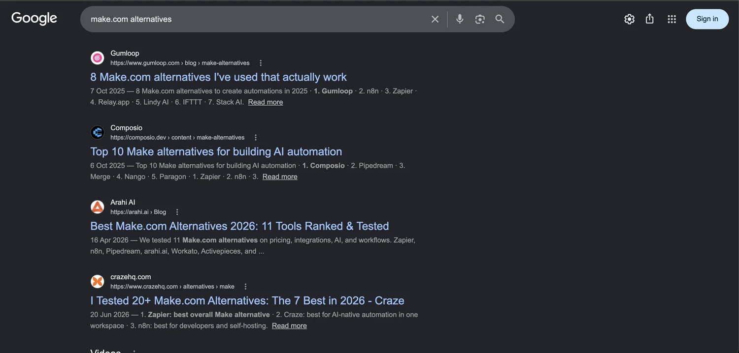 Page-1 ranking: "make.com alternatives".