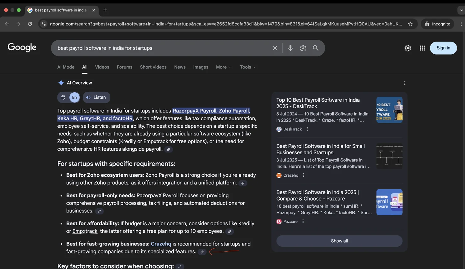 Google AI Overview: Craze named "best for fast-growing businesses" on "best payroll software in india for startups".