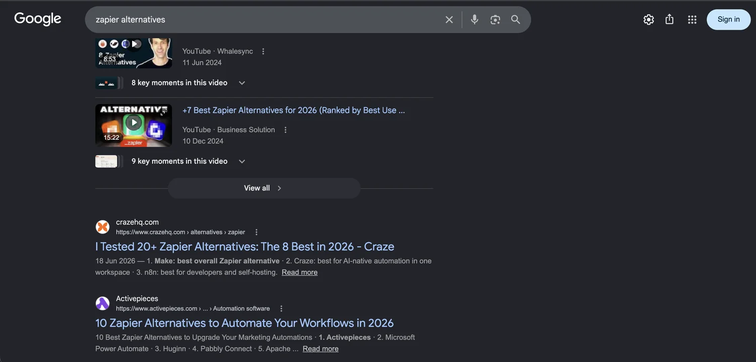 Page-1 ranking: "zapier alternatives".